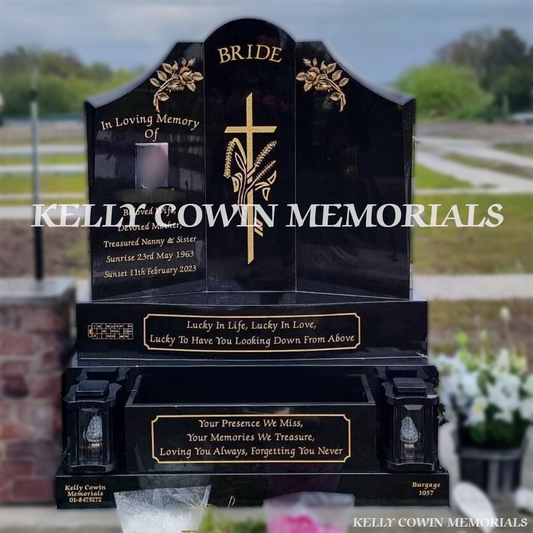 Front view of Black Granite Gates of Heaven headstone on base and plinth with lanterns in Balgriffin Cemetery Dublin