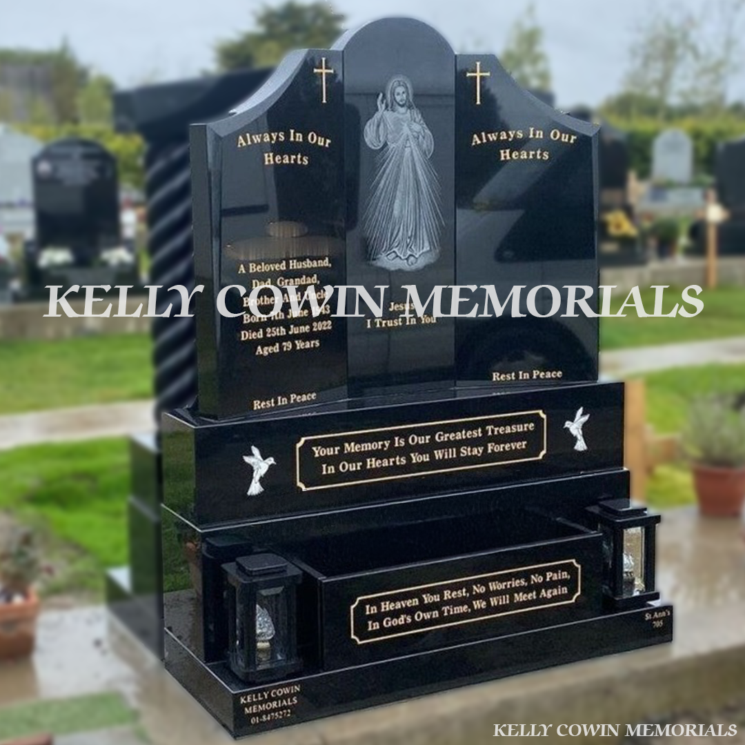 Front view of Black Granite Gates of Heaven headstone with centre laser image and lanterns in Balgriffin Cemetery Dublin by Kelly Cowin Memorials