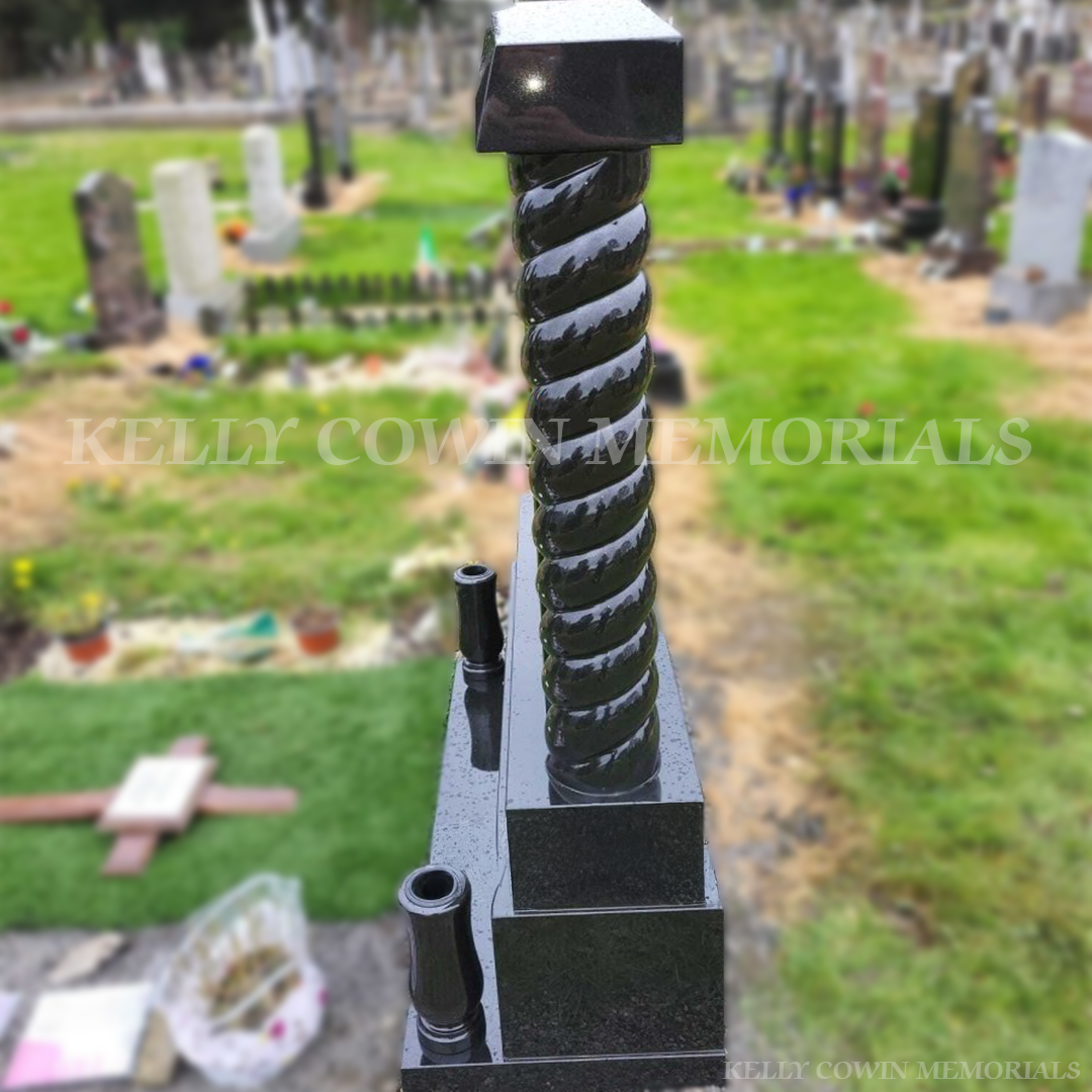 Side angle of Black Granite Gates of Heaven headstone crafted by Kelly Cowin Memorials in Glasnevin