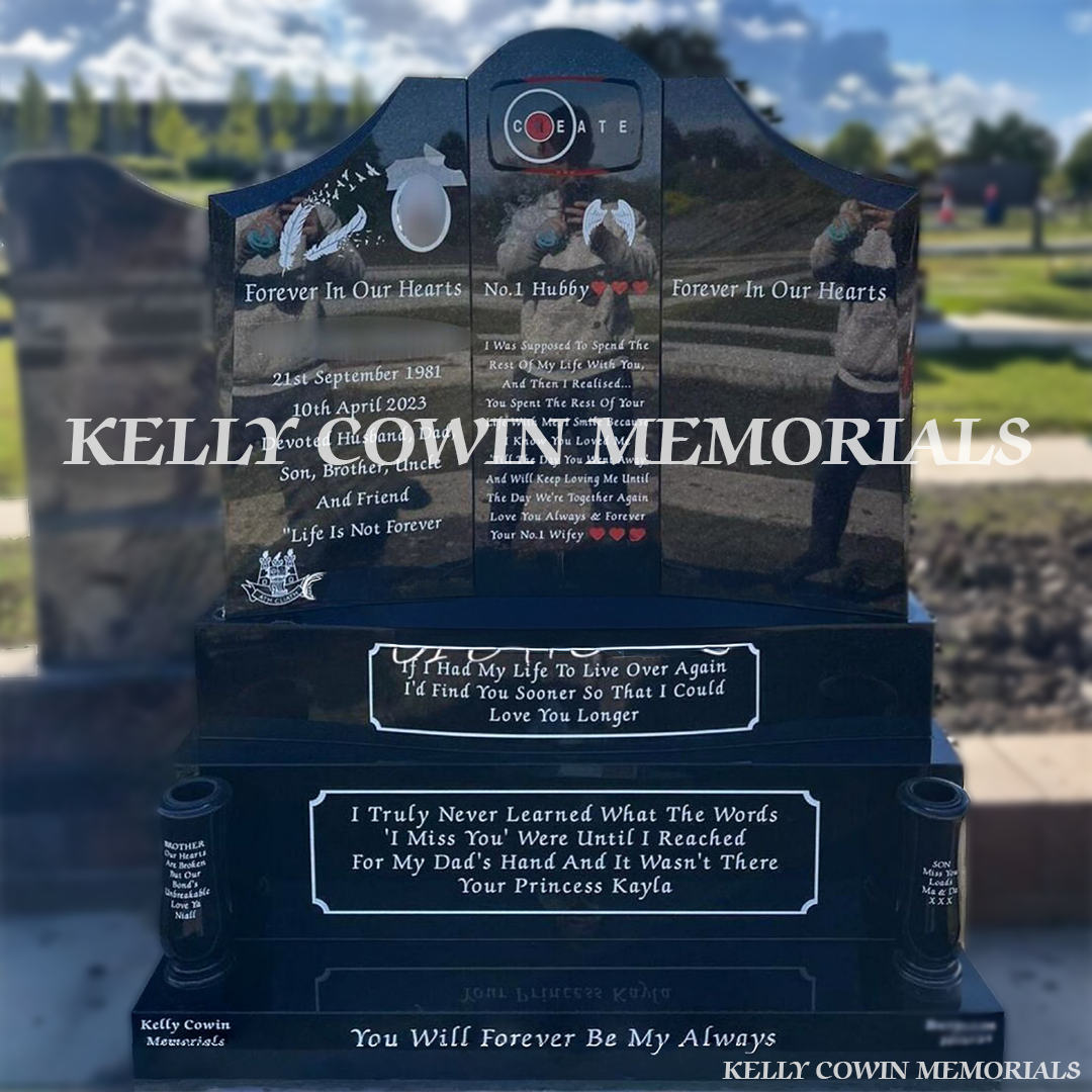 Front view of Black Granite Gates of Heaven headstone on sub-base, base and plinth in Balgriffin Cemetery Dublin