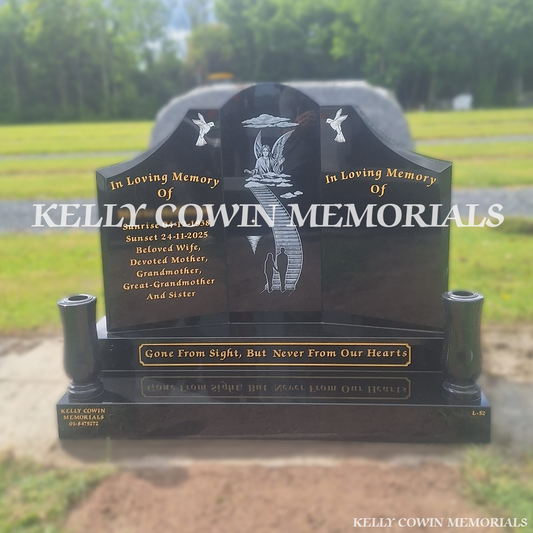 Front view of black granite Gates of Heaven headstone with gold leaf inscription in Newlands Cross