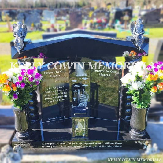 Front view of black granite Gates of Heaven headstone with laser Stairway to Heaven image in Newlands Cross Cemetery Dublin