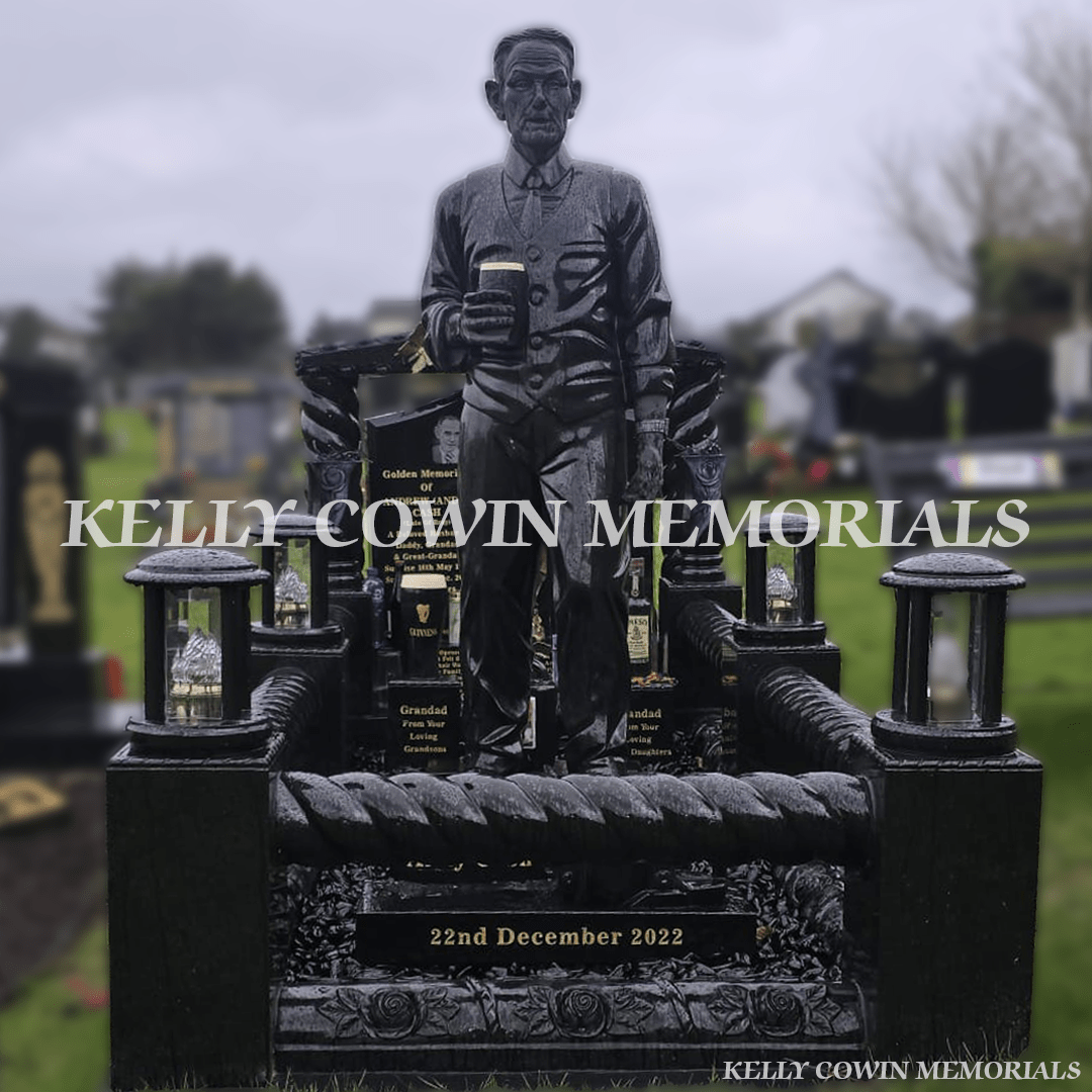 Black Granite Gates to Heaven Memorial With Life - Size Statue — Springfield, Wicklow - Kelly Cowin Memorials