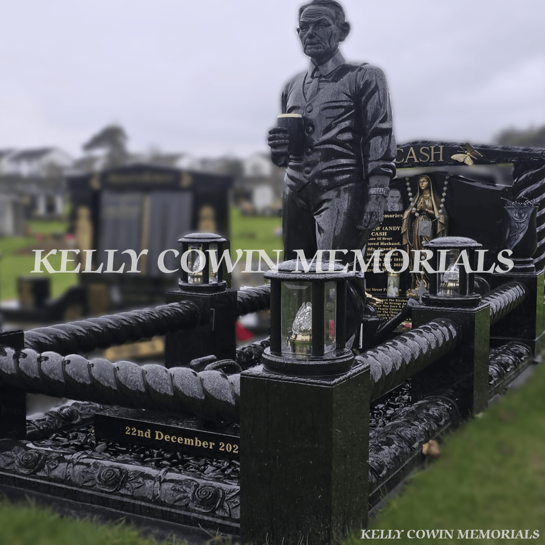 Black Granite Gates to Heaven Memorial With Life - Size Statue — Springfield, Wicklow - Kelly Cowin Memorials