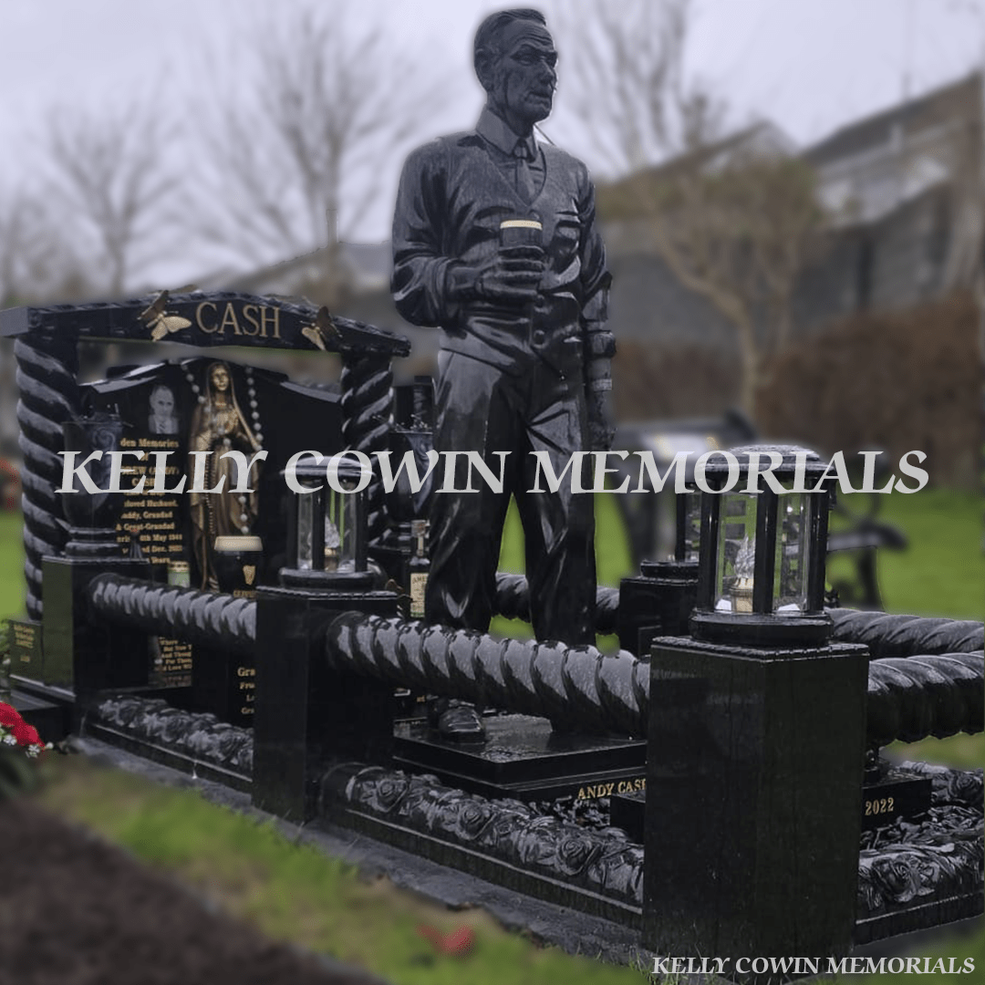 Black Granite Gates to Heaven Memorial With Life - Size Statue — Springfield, Wicklow - Kelly Cowin Memorials