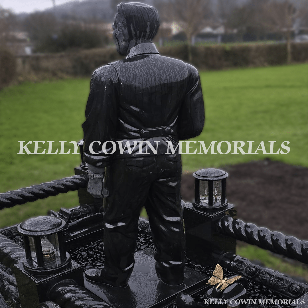Black Granite Gates to Heaven Memorial With Life - Size Statue — Springfield, Wicklow - Kelly Cowin Memorials
