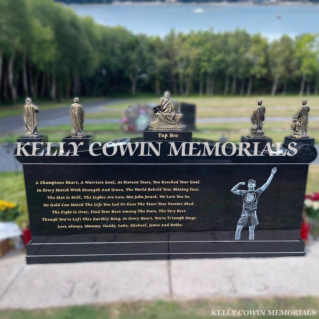 Rear of custom black granite headstone featuring large personalised laser image backing plate and gold inscription.