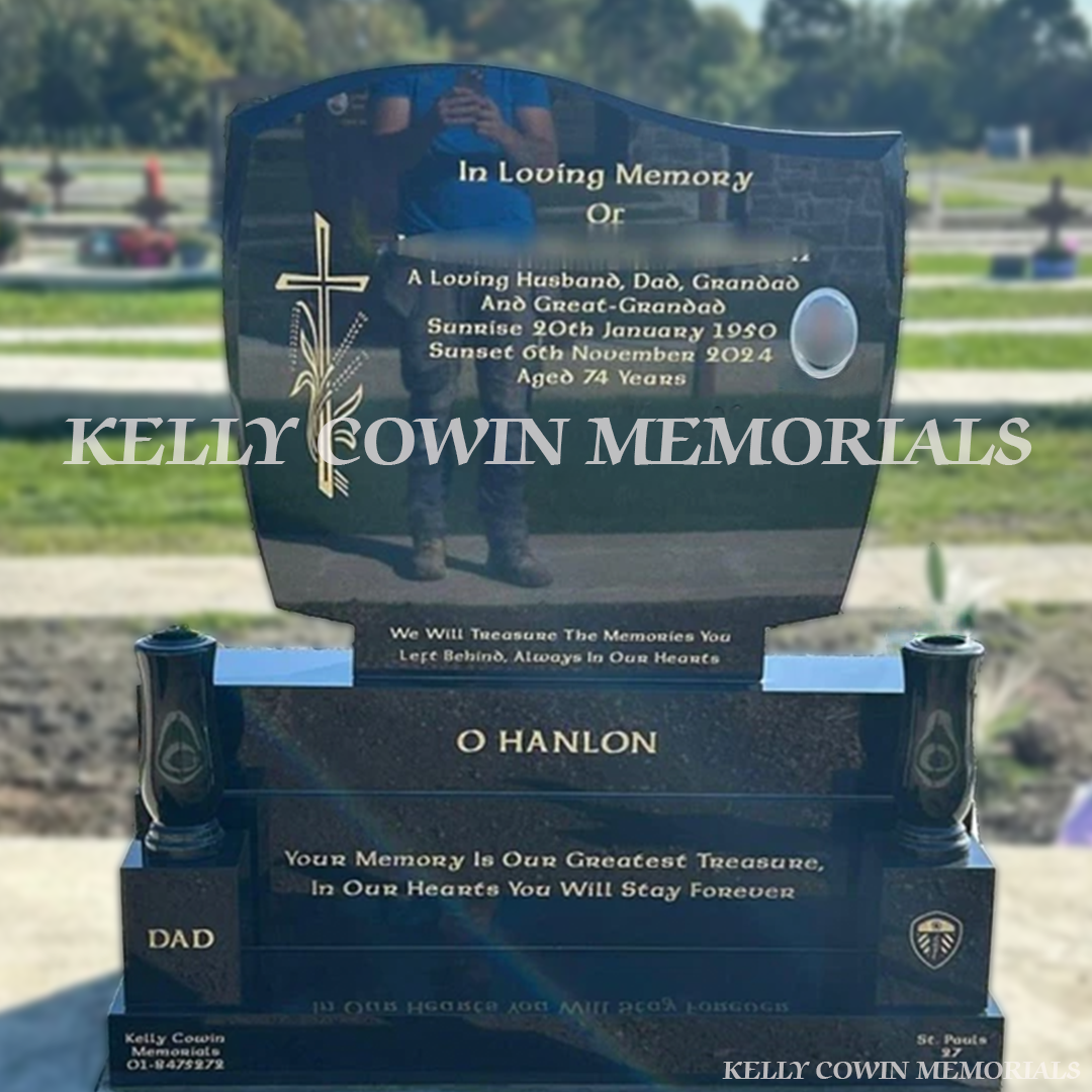 Black Granite C1 headstone with sub-base, base and plinth and gold leaf inscription with two vases on blocks installed in Balgriffin Cemetery by Kelly Cowin Memorials