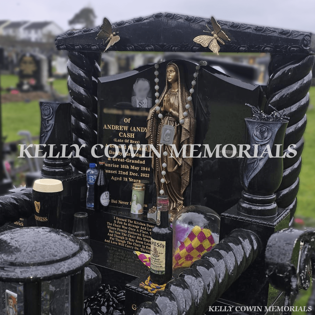 Black Granite Gates to Heaven Memorial With Life - Size Statue — Springfield, Wicklow - Kelly Cowin Memorials