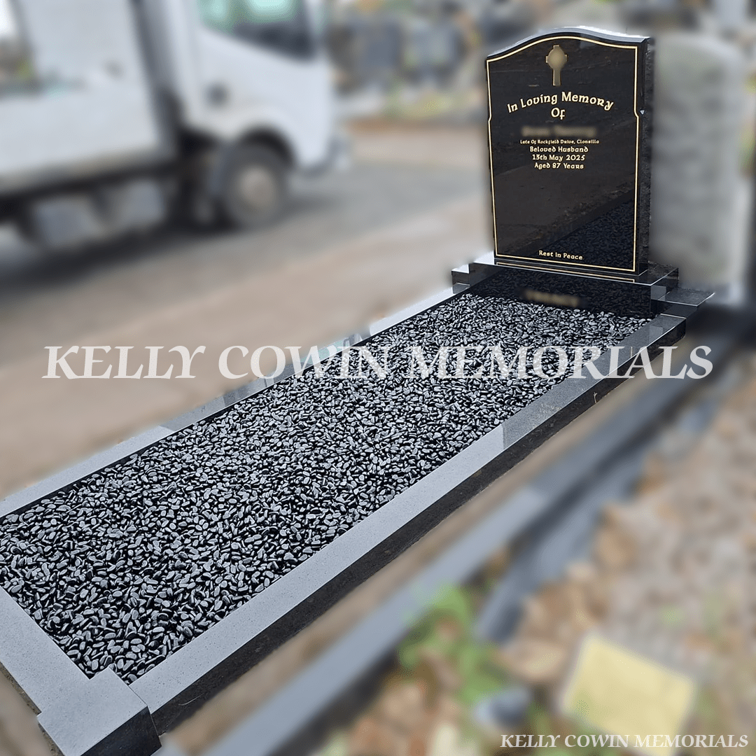 Black Granite Headstone & Base with Polished Chippings – Mulhuddart Cemetery - Kelly Cowin Memorials