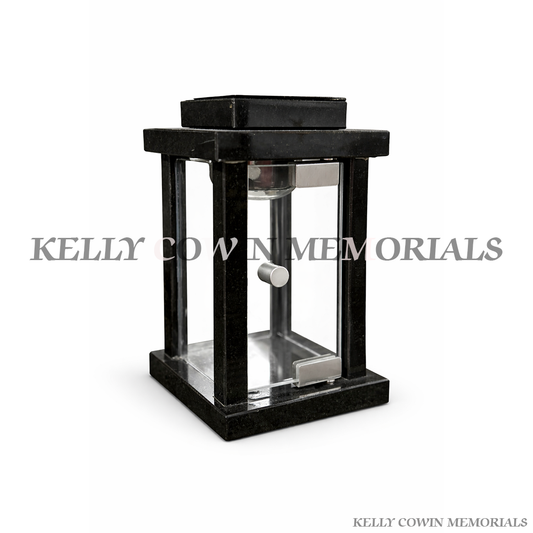 Black granite solar memorial lantern with glass panels for grave or headstone in Ireland