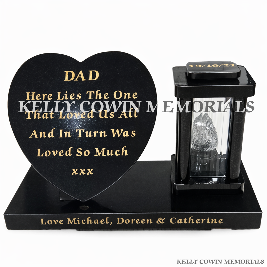 Front view of black granite lantern and 12 inch heart on plinth with gold inscription