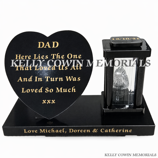 Front view of black granite lantern and 12 inch heart on plinth with gold inscription