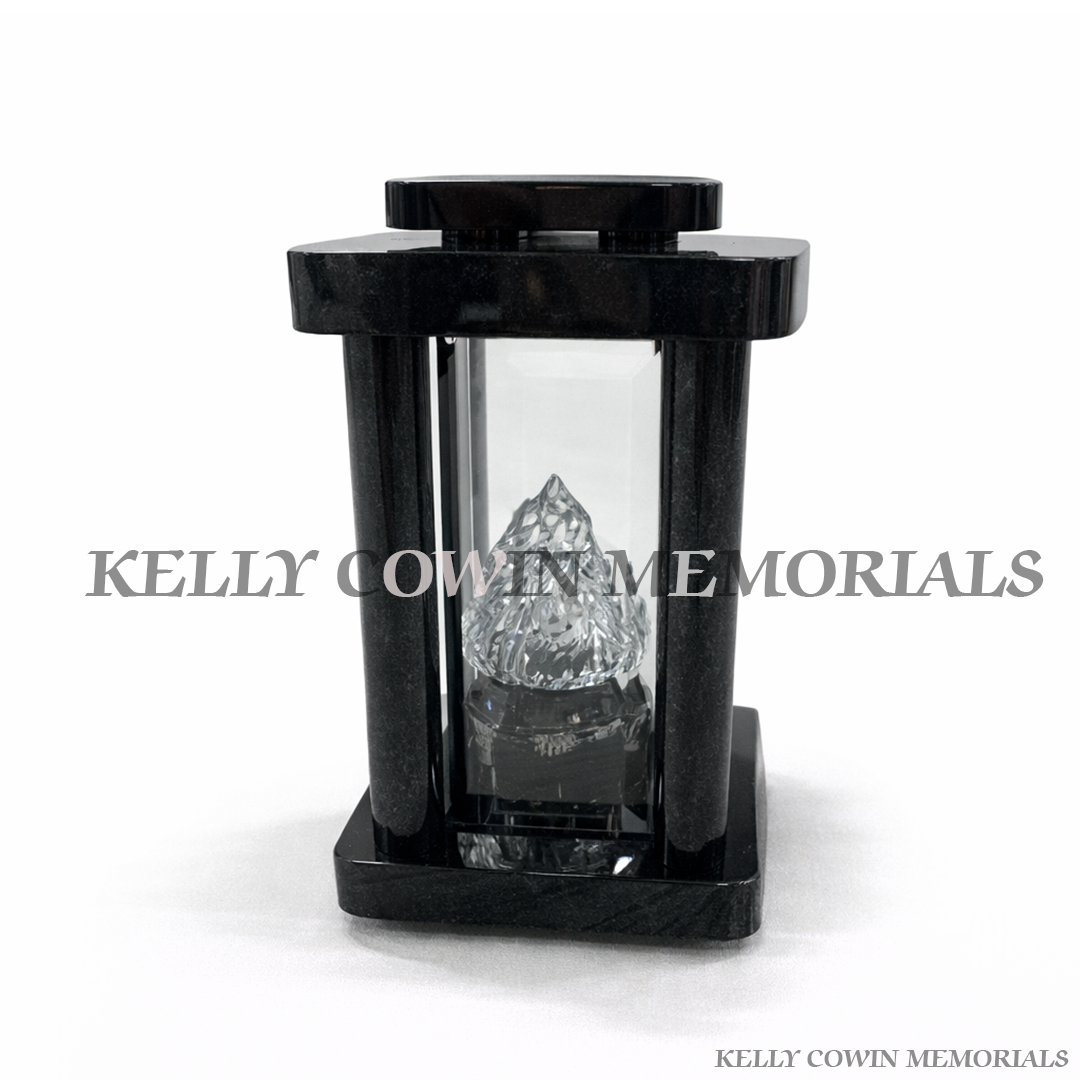Black granite memorial lantern with flame insert grave tribute light Ireland