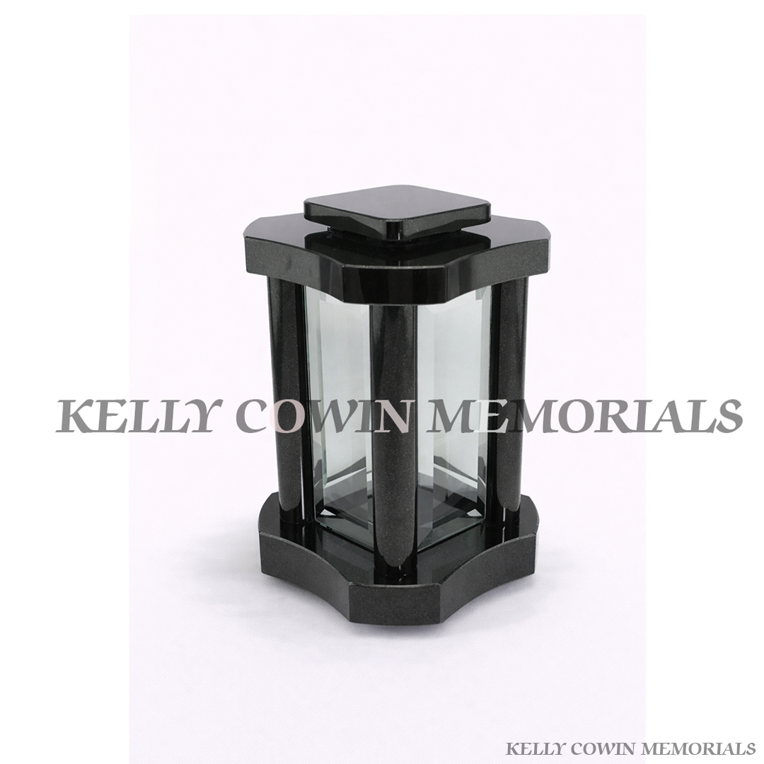 Black granite curved memorial lantern grave accessory with glass panels available in Ireland