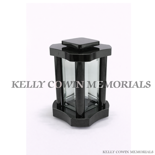 Black granite curved memorial lantern grave accessory with glass panels available in Ireland