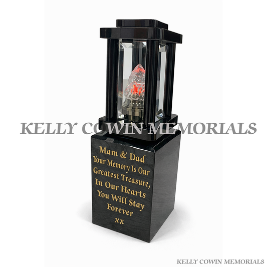 Black granite memorial lantern on block with flame insert grave tribute light Ireland