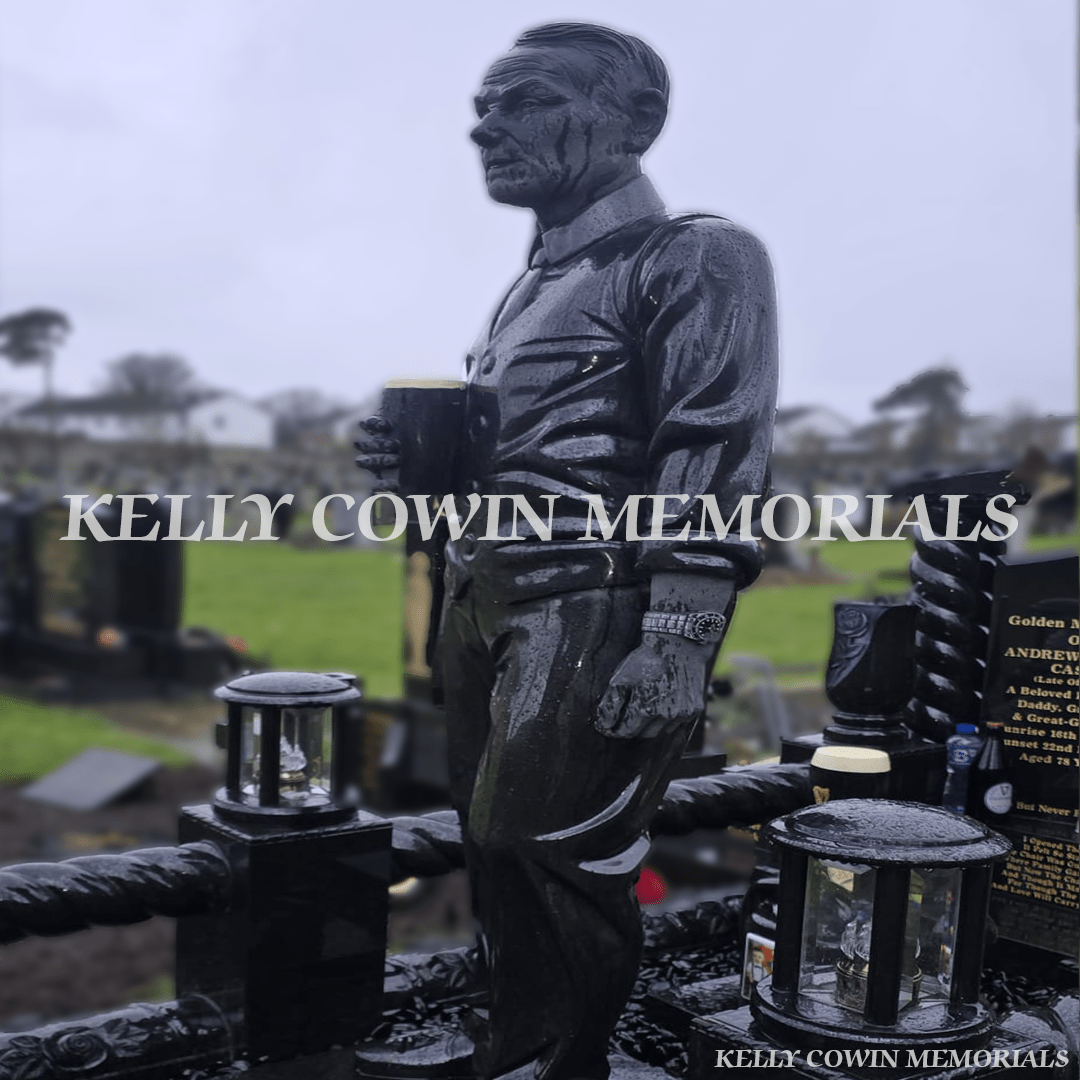 Black Granite Gates to Heaven Memorial With Life - Size Statue — Springfield, Wicklow - Kelly Cowin Memorials