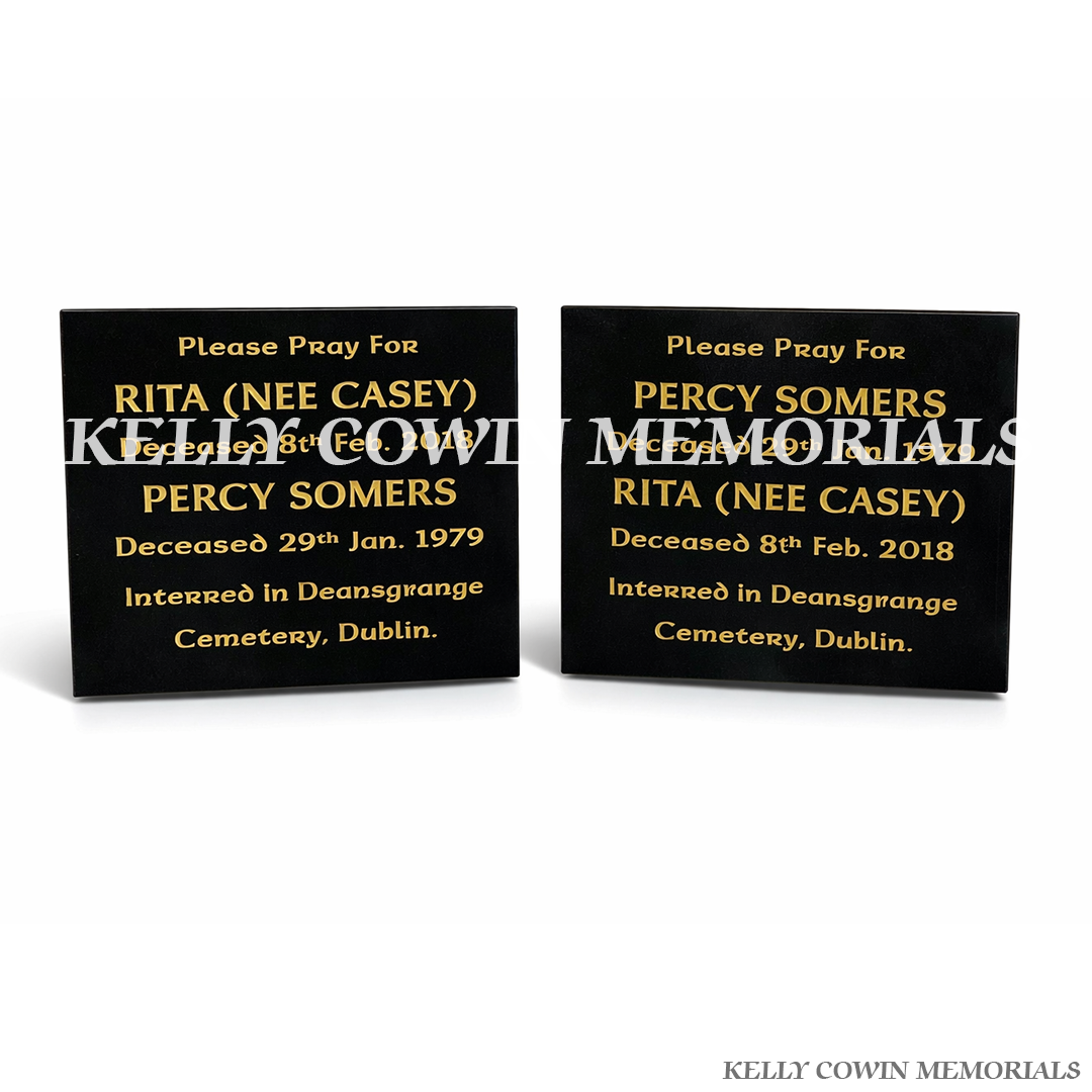 Front view of two black granite memorial plaques with gold inscription