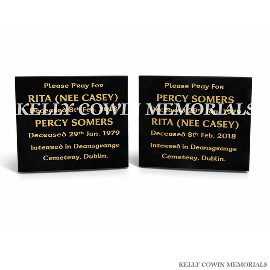 Front view of two black granite memorial plaques with gold inscription