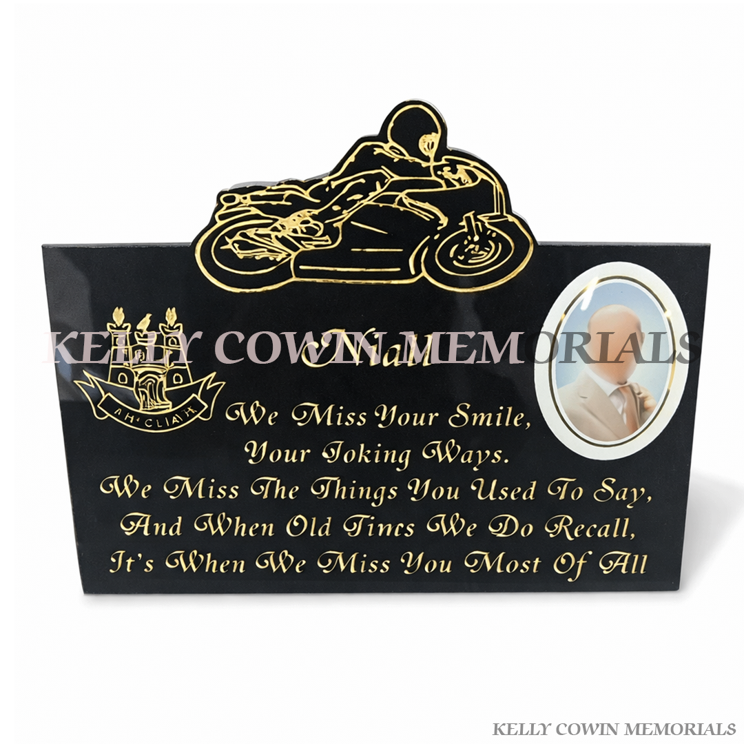 Black granite motorbike memorial plaque with Dublin crest engraving and ceramic photo by Kelly Cowin Memorials Ireland
