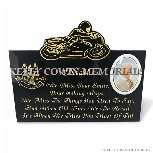 Black granite motorbike memorial plaque with Dublin crest engraving and ceramic photo by Kelly Cowin Memorials Ireland