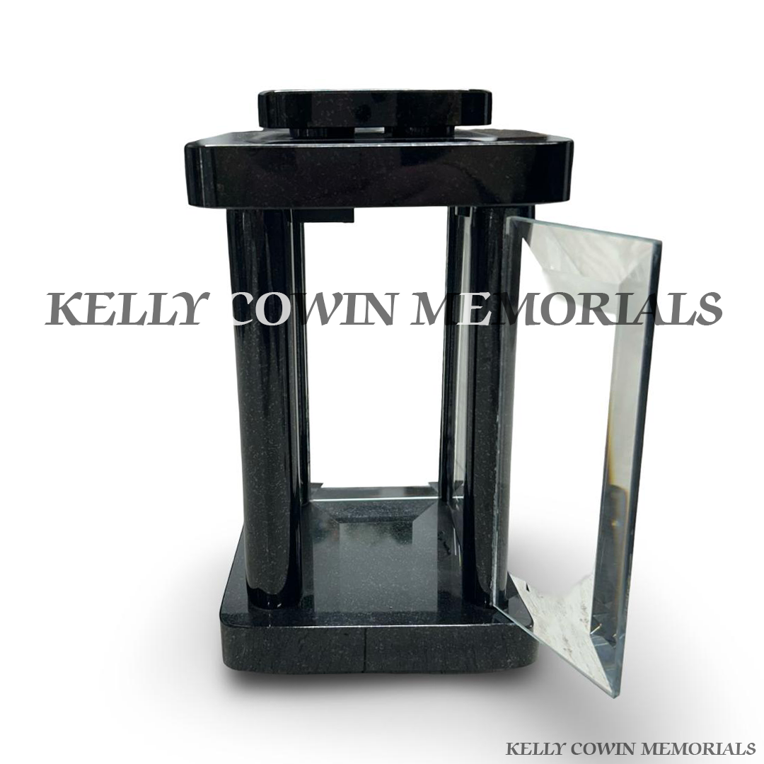 Front view of black granite square non-solar memorial lantern