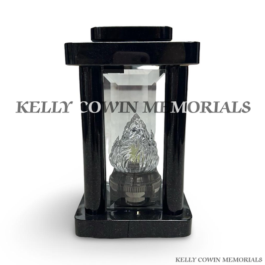 Front view of black granite square non-solar memorial lantern