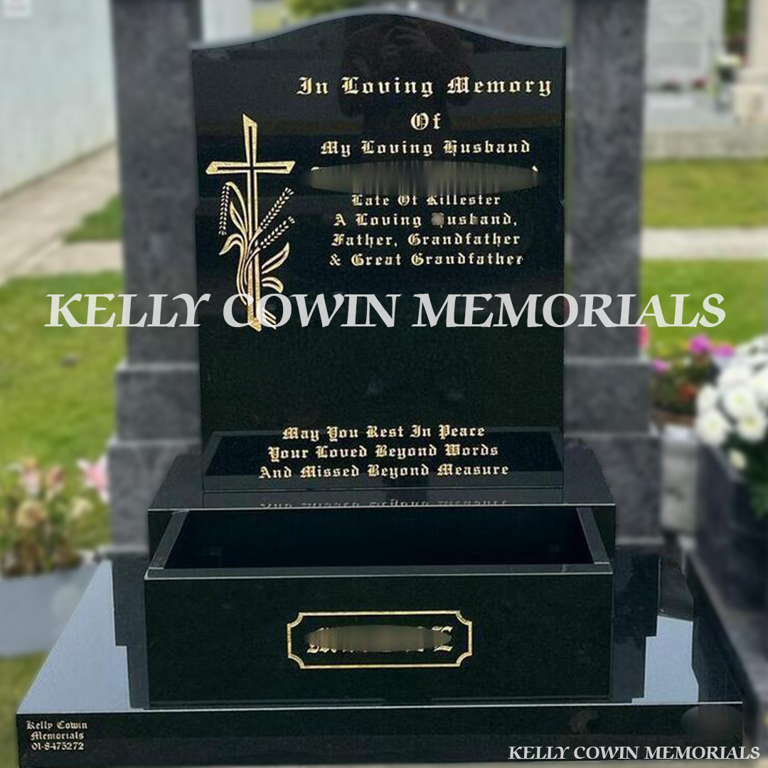 Front view of black granite OG headstone with gold inscription and flower box in Ardla Cemetery Dublin