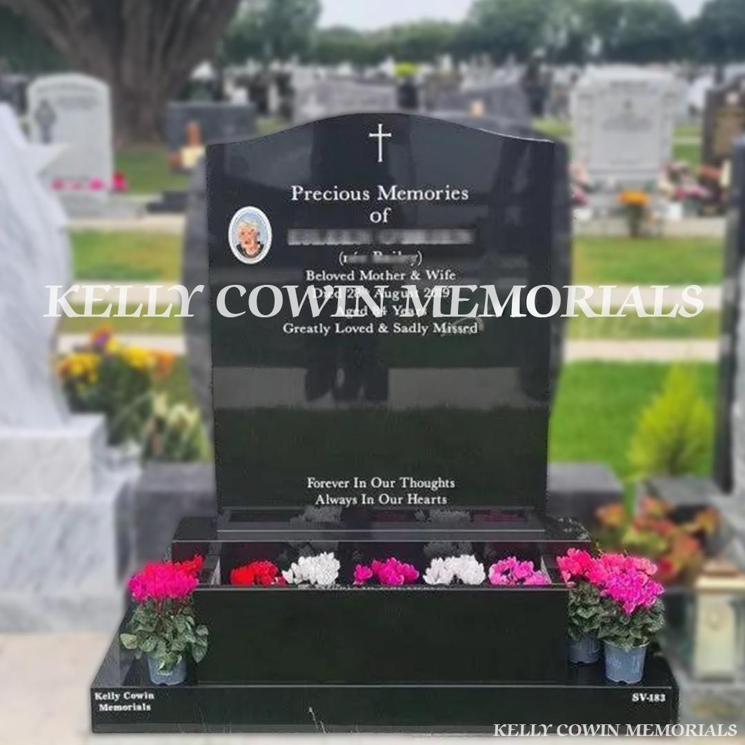 Front view of Black Granite OG headstone with flower box erected in Balgriffin Cemetery Dublin by Kelly Cowin Memorials