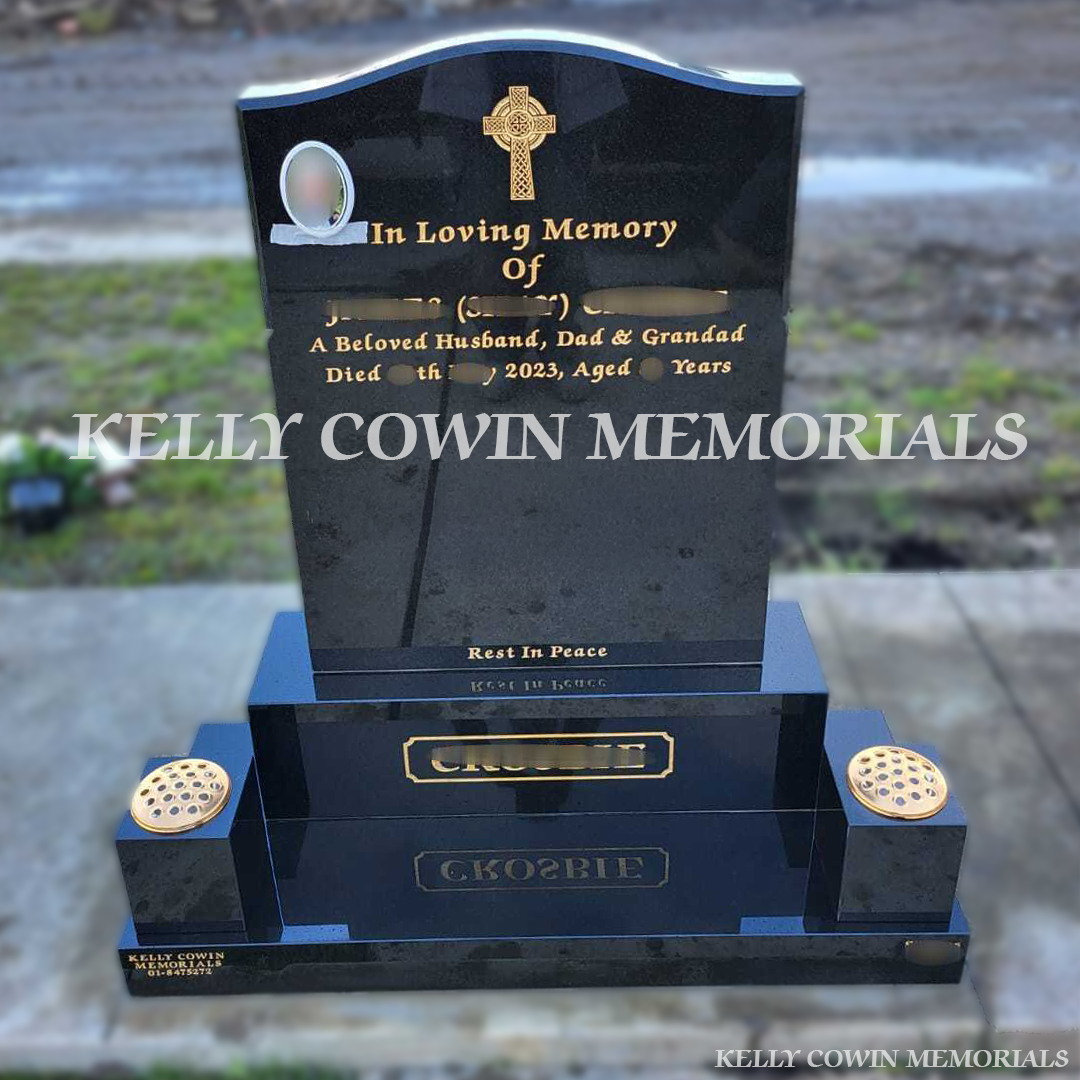 Black granite OG headstone erected in Balgriffin Cemetery Dublin by Kelly Cowin Memorials