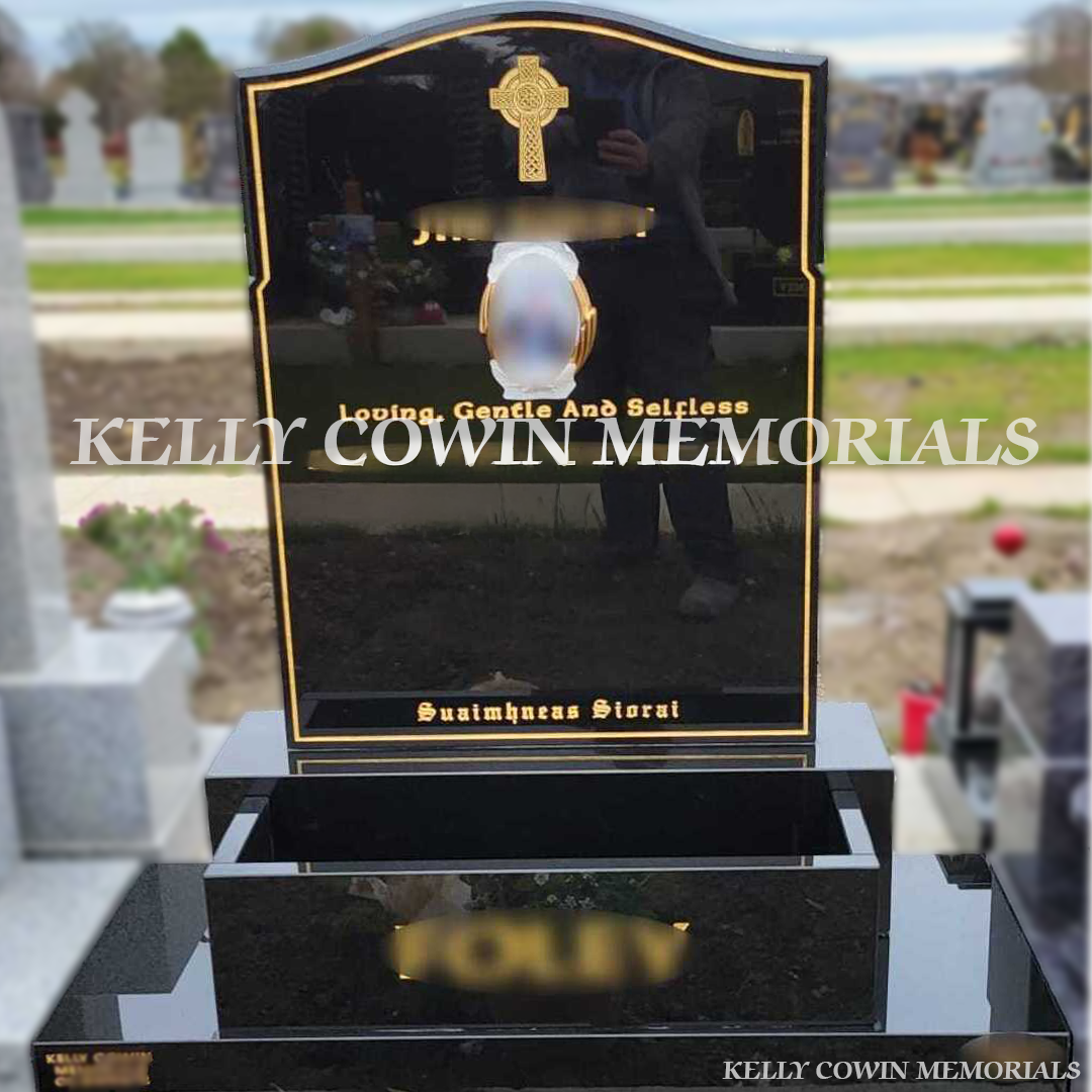 Black granite OG headstone with gold inscription erected in Balgriffin Cemetery Dublin by Kelly Cowin Memorials