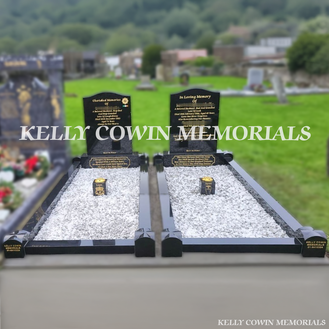 Front view of twin black granite OG headstones with gold inscription and kerbing in Dublin cemetery