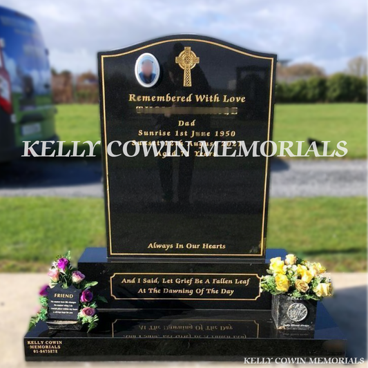 Front view of Black Granite OG headstone with ceramic photograph erected in Balgriffin Cemetery Dublin by Kelly Cowin Memorials