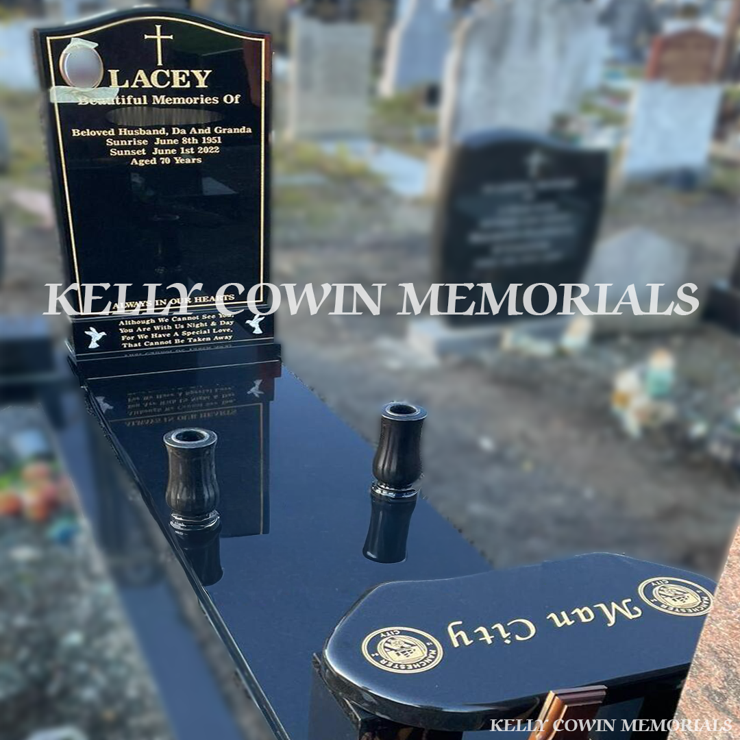 Front view of Black Granite OG headstone with kerbing and covering slab erected in Glasnevin Cemetery by Kelly Cowin Memorials