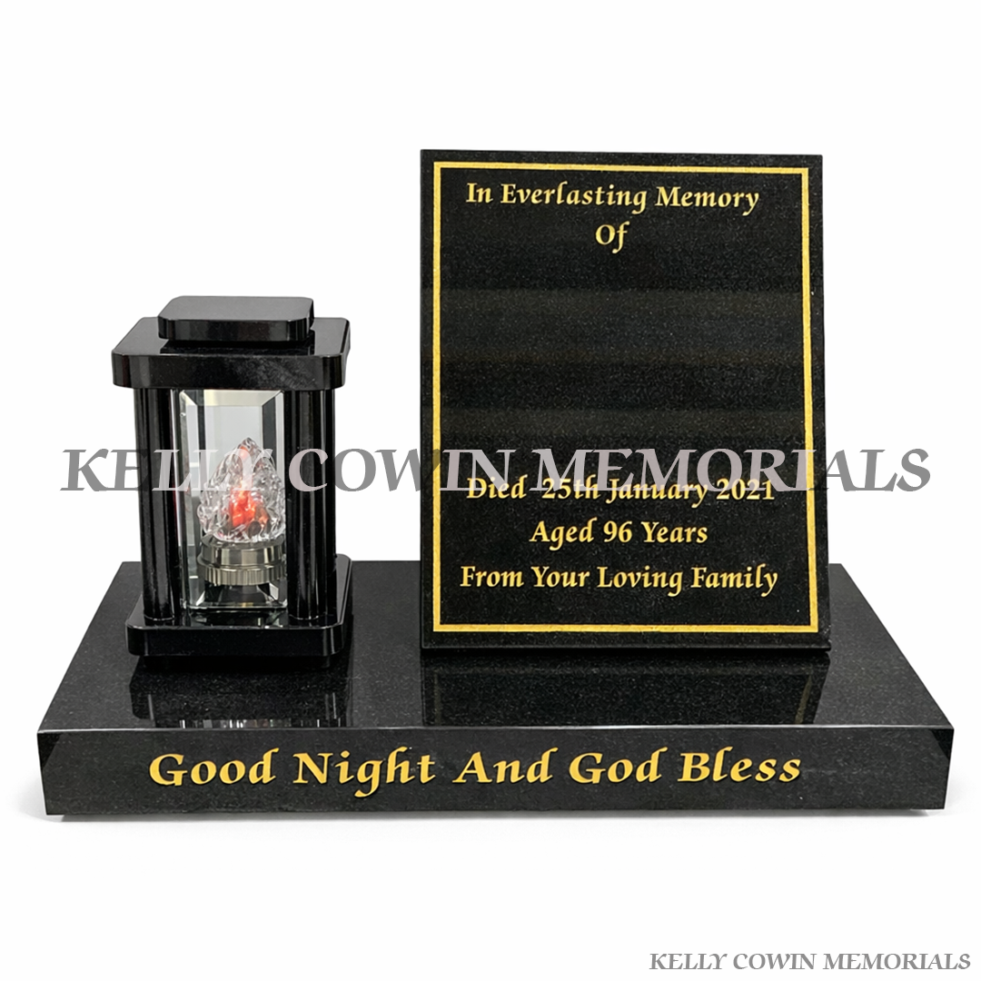 Black granite memorial lantern with flame insert and matching engraved plaque grave tribute set Ireland