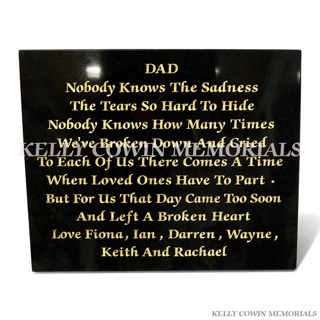 Black granite memorial plaque engraved in gold lettering by Kelly Cowin Memorials Ireland