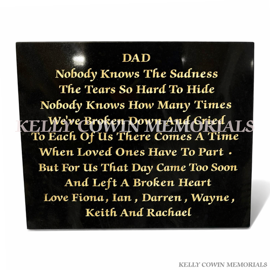 Black granite memorial plaque engraved in gold lettering by Kelly Cowin Memorials Ireland