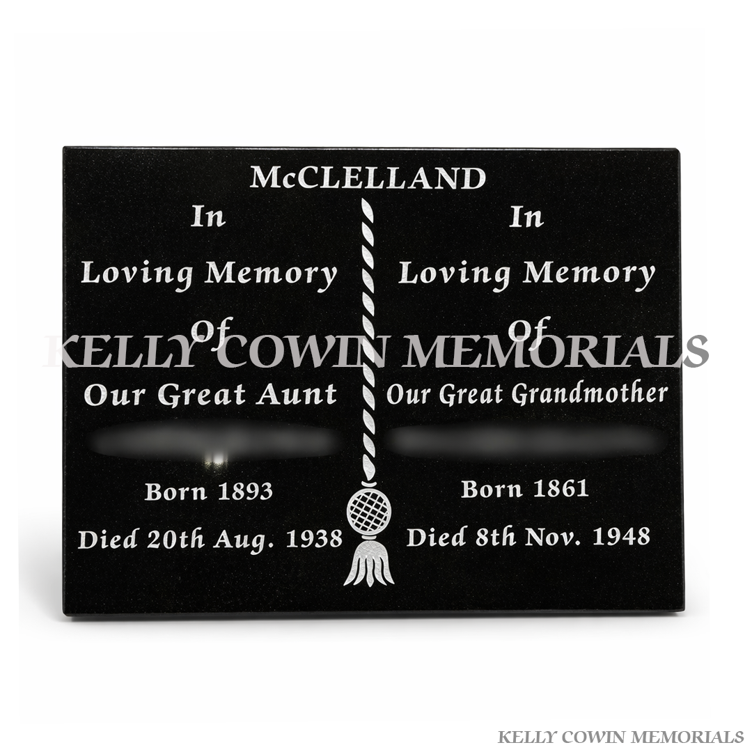 Polished black granite memorial plaque with engraved white lettering for grave remembrance in Dublin and nationwide Ireland