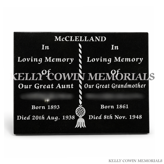 Polished black granite memorial plaque with engraved white lettering for grave remembrance in Dublin and nationwide Ireland