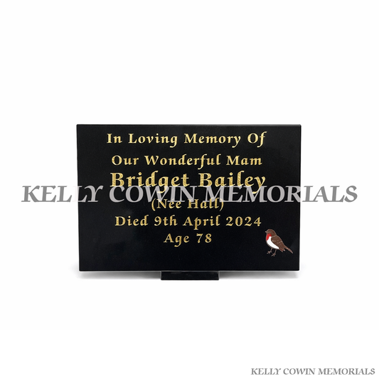 12 inch black granite memorial plaque with gold lettering by Kelly Cowin Memorials Ireland – personalised headstone plaque local and nationwide service