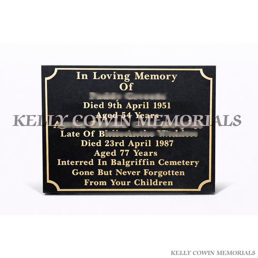 Black granite memorial plaque with gold inscription grave accessory, available locally and nationwide across Ireland