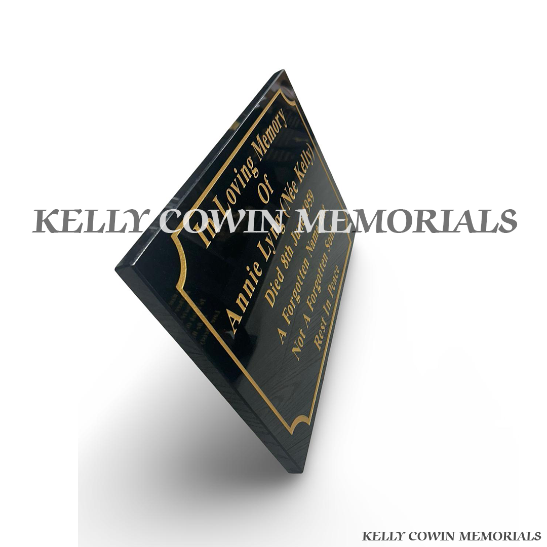 Side view of polished black granite rectangular memorial plaque