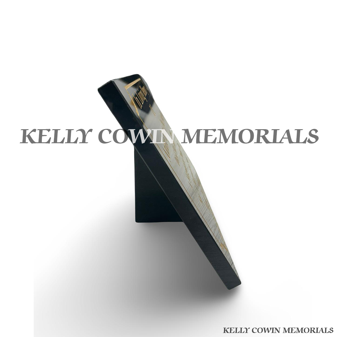 Side view of polished black granite rectangular memorial plaque