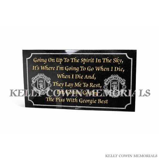 Black granite United football grave accessory with engraved inscription, handcrafted in Ireland, available locally and nationwide