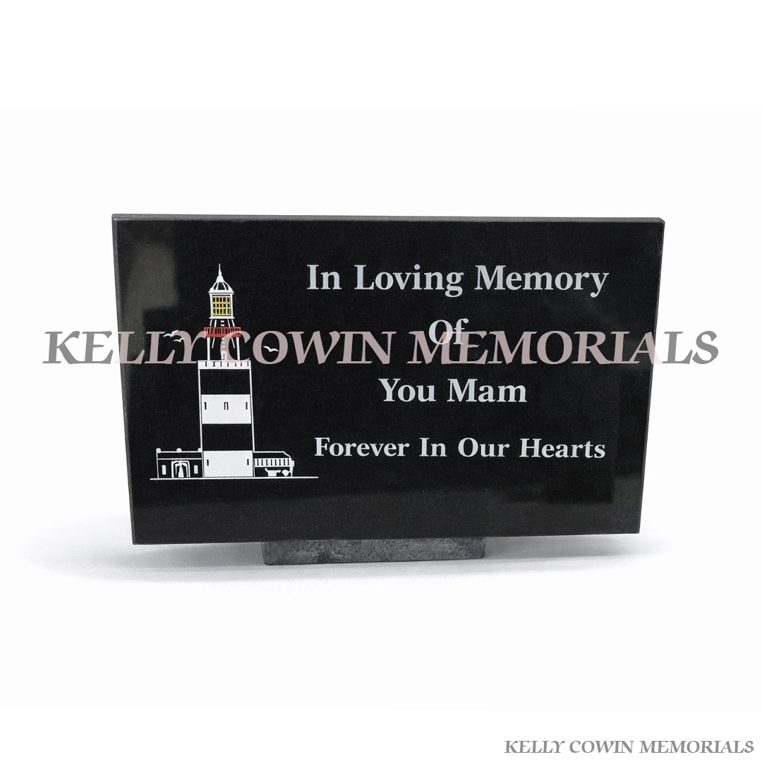 Personalised black granite rectangular memorial plaque with engraved inscription, crafted by Kelly Cowin Memorials, available locally and nationwide