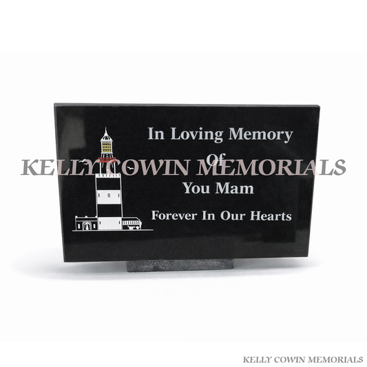 Personalised black granite rectangular memorial plaque with engraved inscription, crafted by Kelly Cowin Memorials, available locally and nationwide