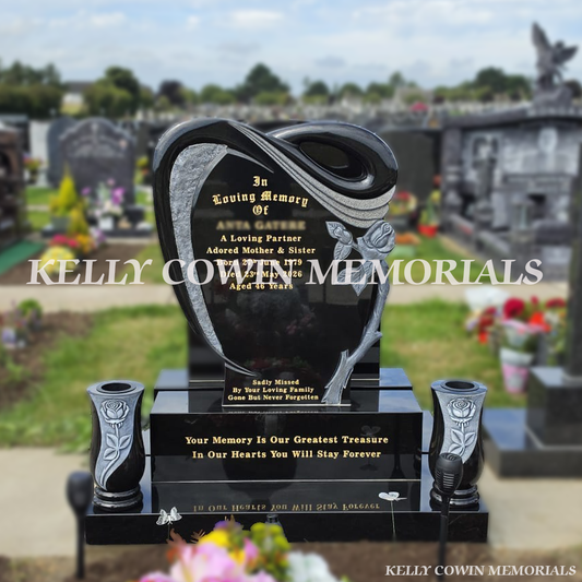 Black granite rose carved headstone with gold inscription, base, plinth and two matching rose vases in Dundalk Cemetery, County Louth