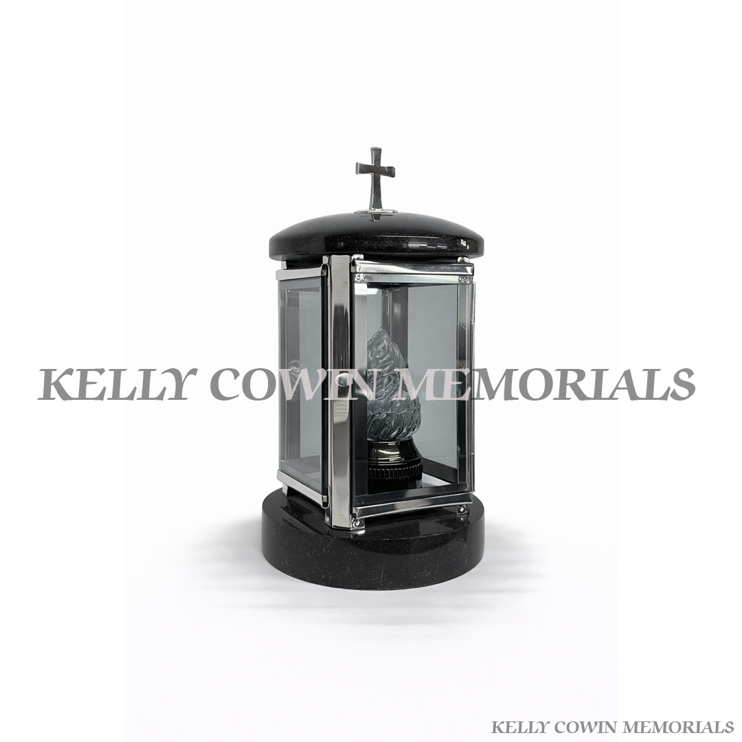 Black granite memorial lantern with silver frame grave tribute light Ireland