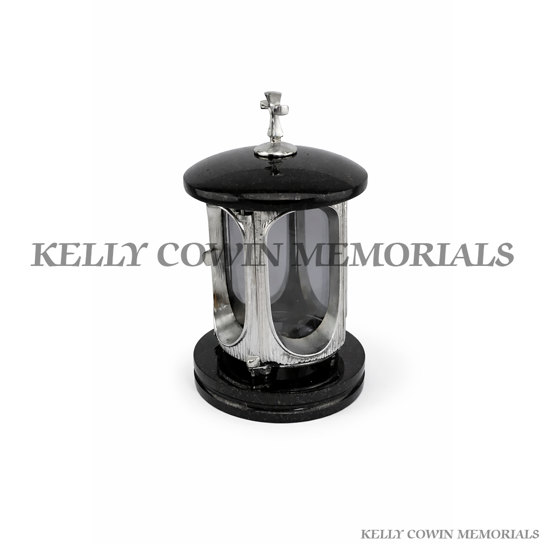 Black granite memorial lantern with silver silver frame graveside candle holder accessory by Kelly Cowin Memorials Ireland